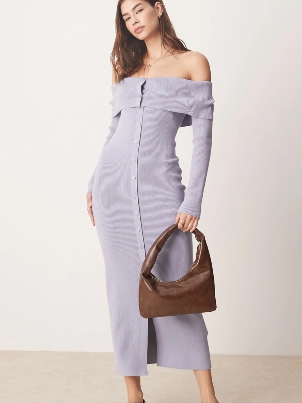 NWT Abercrombie & Fitch Lavender Off-Shoulder Ribbed Midi Dress - Medium